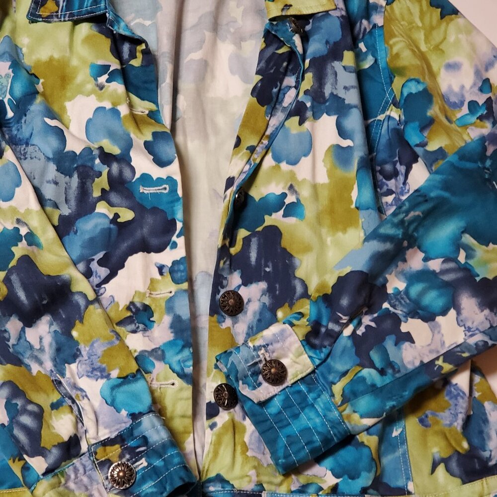 Krazy Kat Blazer & Suit Jacket for Women Blue White Abstract Print Button Up